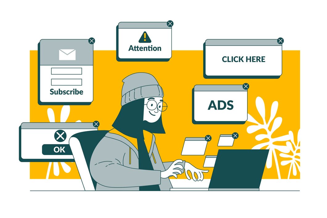 Person working on a laptop surrounded by pop-up ads, notifications, and subscription windows illustrating online advertising and digital distractions