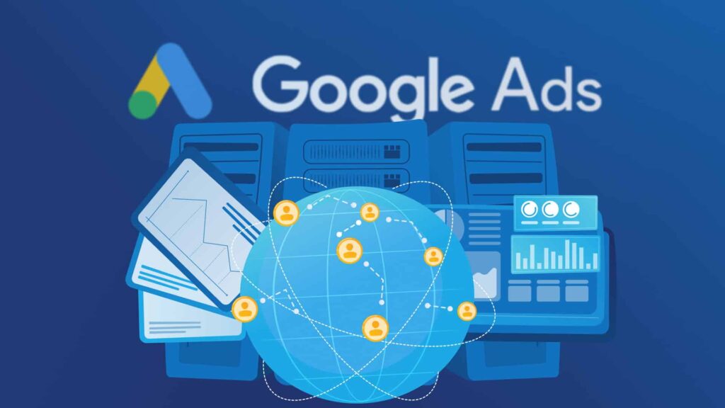 Google Ads logo with global network, data servers, and analytics dashboard illustration