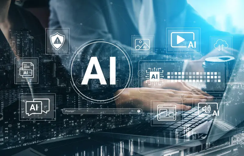 AI Technology Icons with Business Person on Laptop